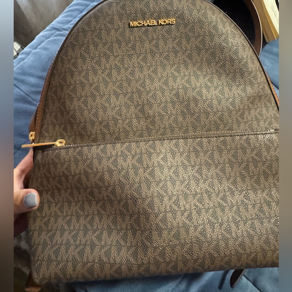 Brown MK Logo Canvas Backpack with Gold Hardware